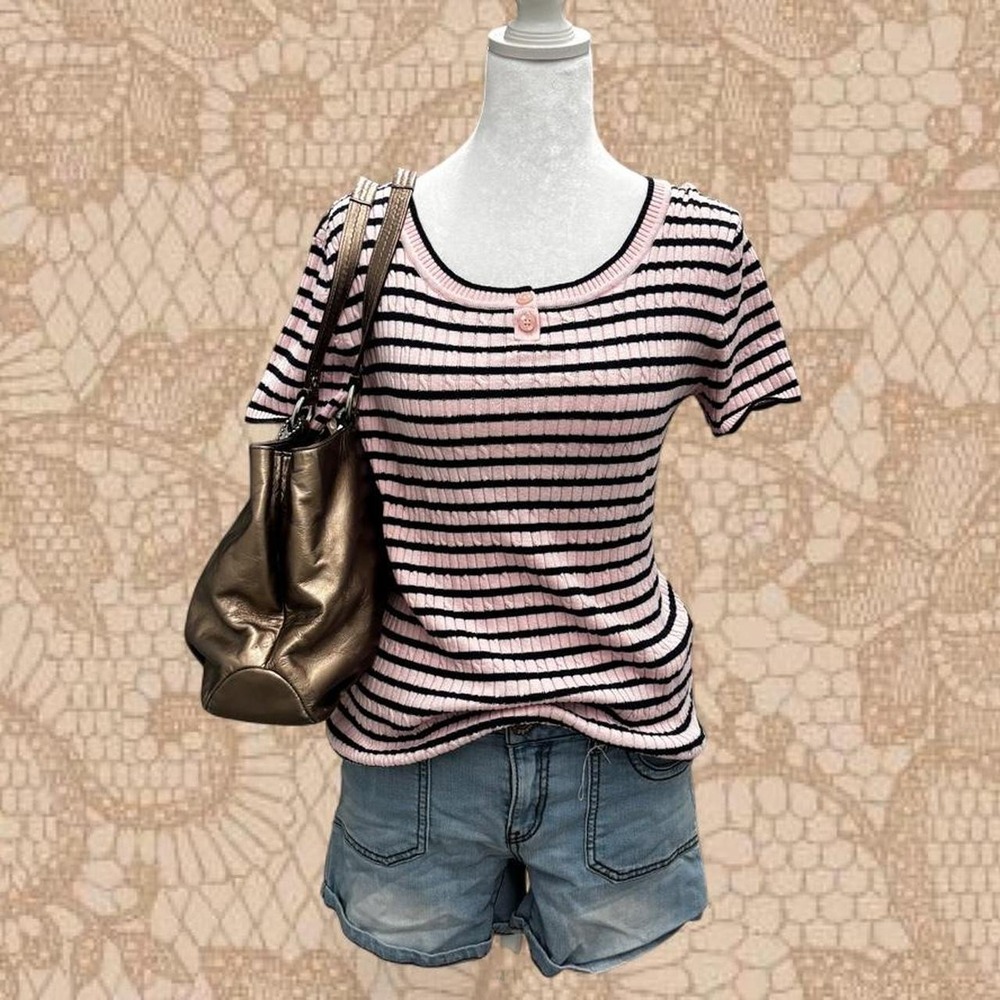 CROFT & BARROW PINK & NAVY STRIPED RIBBED TOP